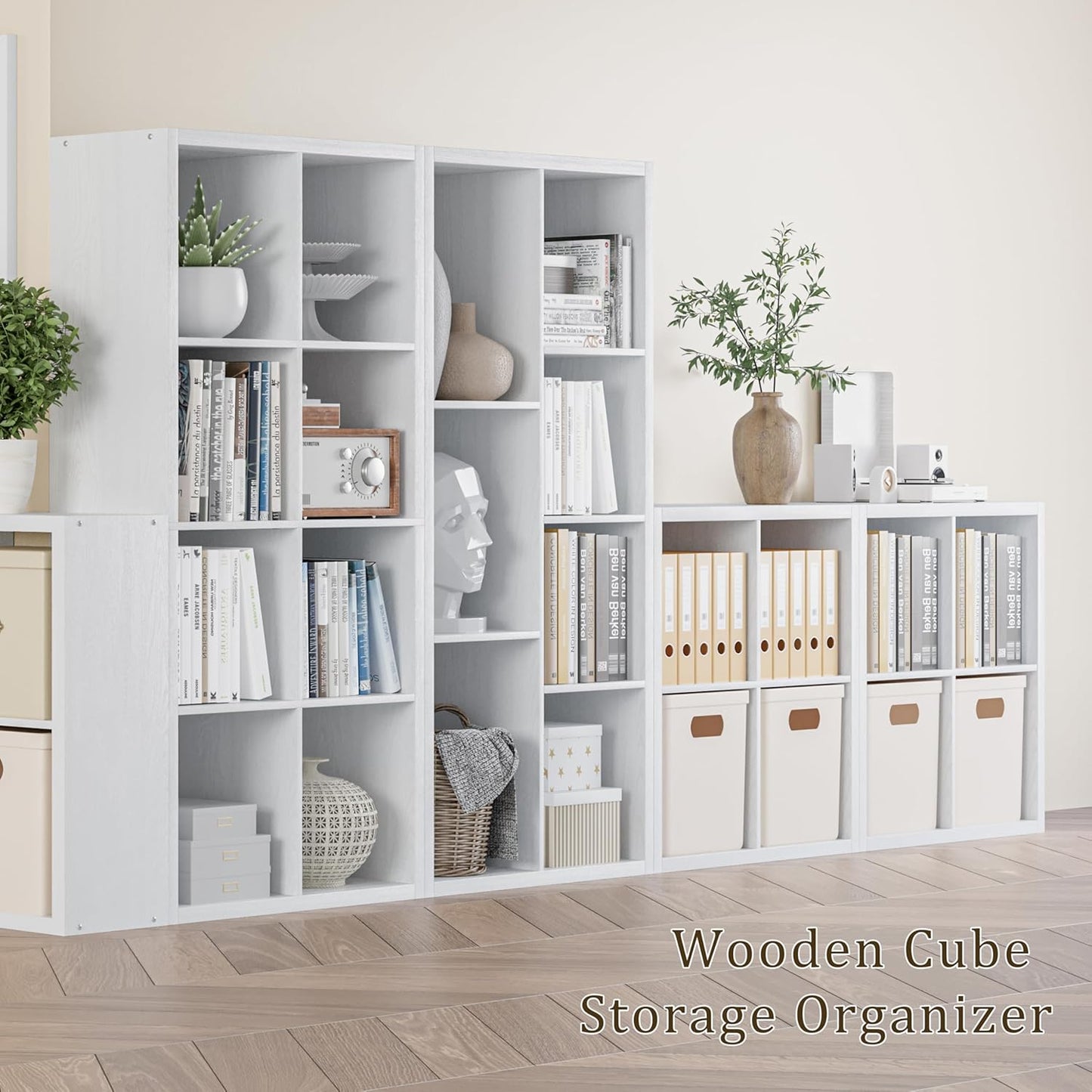 Cube Storage Organizer Bookcase, Decorative 11 inch Open Back Cubical Shelf with Thickened Border, Display Bookshelf for Living Room, Home Office, Sturdy Room (White, 7 Cube)