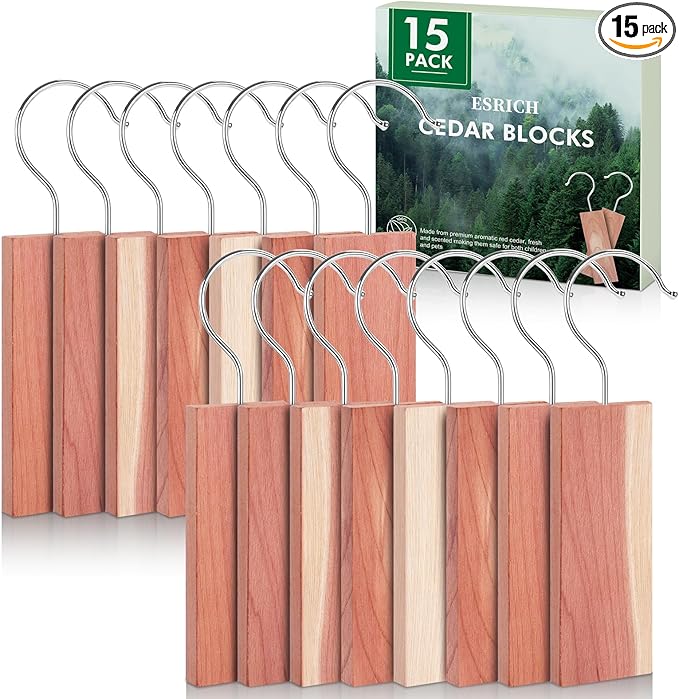ESRICH Cedar Blocks for Clothes Storage,15 Pack with Metal Hooks,100% Natura Cedars Wood for Closets,Cedars Planks with Sandpaper,Cedar Chips for Closets and Drawers