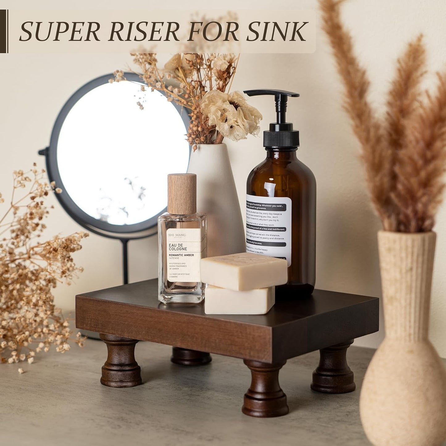 EOSAHR Decorative Display Risers for Farmhouse Decor - Acacia Wood Risers Display Stands for Bathroom Counter Organizer & Kitchen Sink Organizer (Brown Acacia Wood)