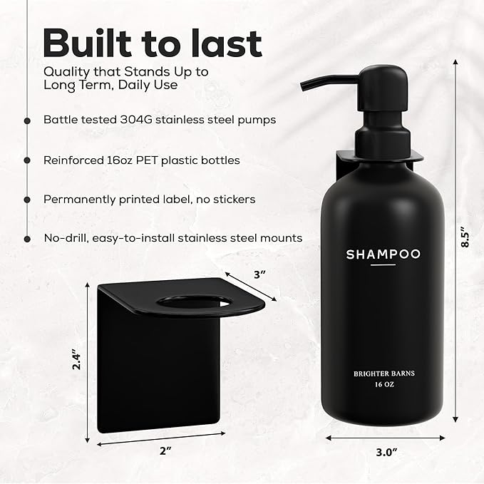 Black Shampoo and Conditioner Dispenser Set Wall Mounted by Brighter Barns - 3 Chamber No Drill Shampoo Bottles for Shower Wall - Refillable Plastic Shower Soap Dispenser for Airbnb, RV, Hotel (Black)