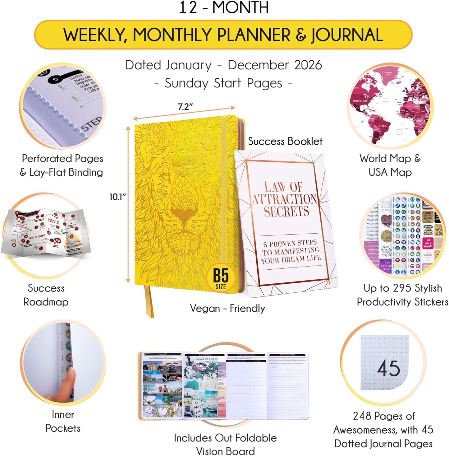 2026 Planner Weekly and Monthly | Law of Attraction Planner with Panduo App | A 12 Month Journey for Productivity, Gratitude & Goal Setting | Includes Foldable Vision Board, Gift Box & Stickers