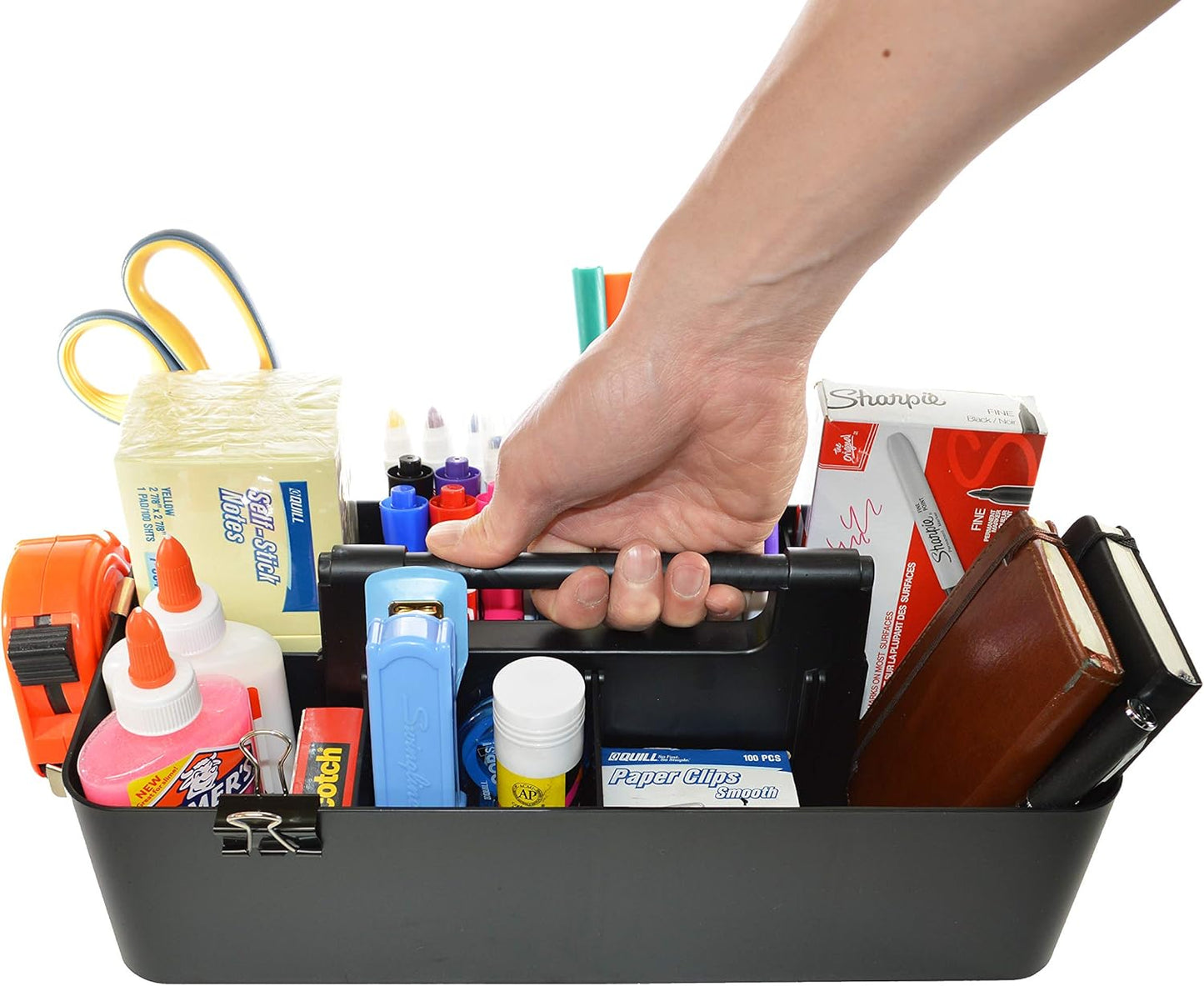 Portable Caddy Organizer -2 Stackable Plastic Caddy with Handle | Desk, Makeup, Dorm Caddy, Classroom Art Organizers (Made In Usa) (Black/Lavender)