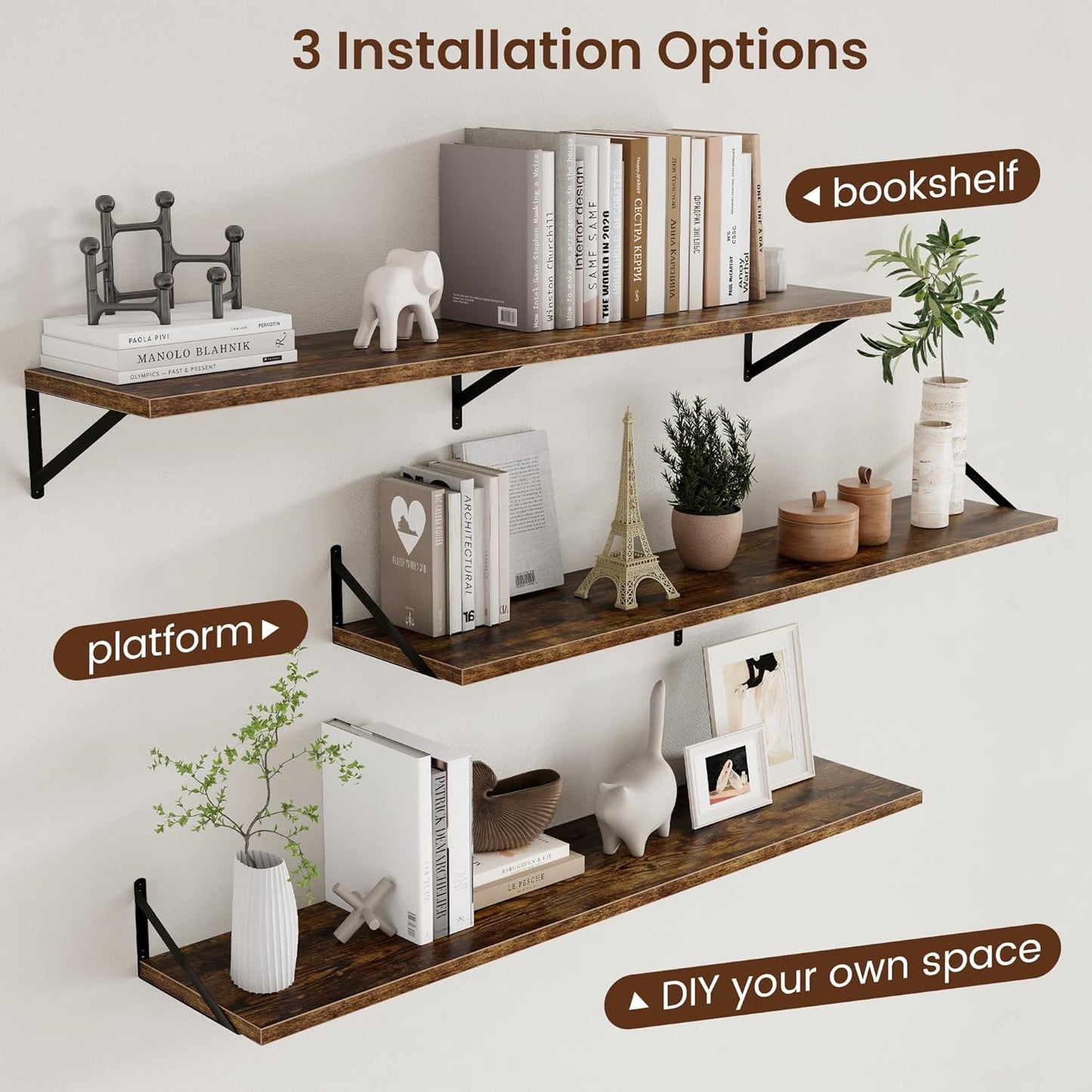 Axeman 12 Inch Deep Floating Shelves for Wall - 55 Inch Wide x 12 Inch Deep Wall Shelves Set of 2 - Rustic Wood Floating Shelves for Living Room