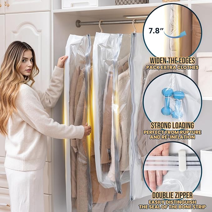 TAILI Hanging Vacuum Sealer Storage Space Saver Bags for Clothing, Suits and Jackets, Closet Organizers, Wider Sides (3 Long, 3 Short) Cream