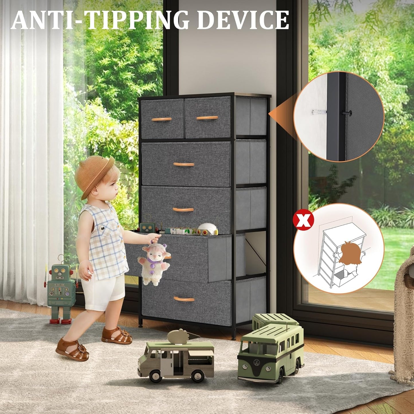 Fabric Dresser for Bedroom, Tall Skinny Dresser with 6 Drawers, Storage Organizer Tower, Steel Frame Wooden Top for Closet, Living Room, Hallway, Nursery(Grey)