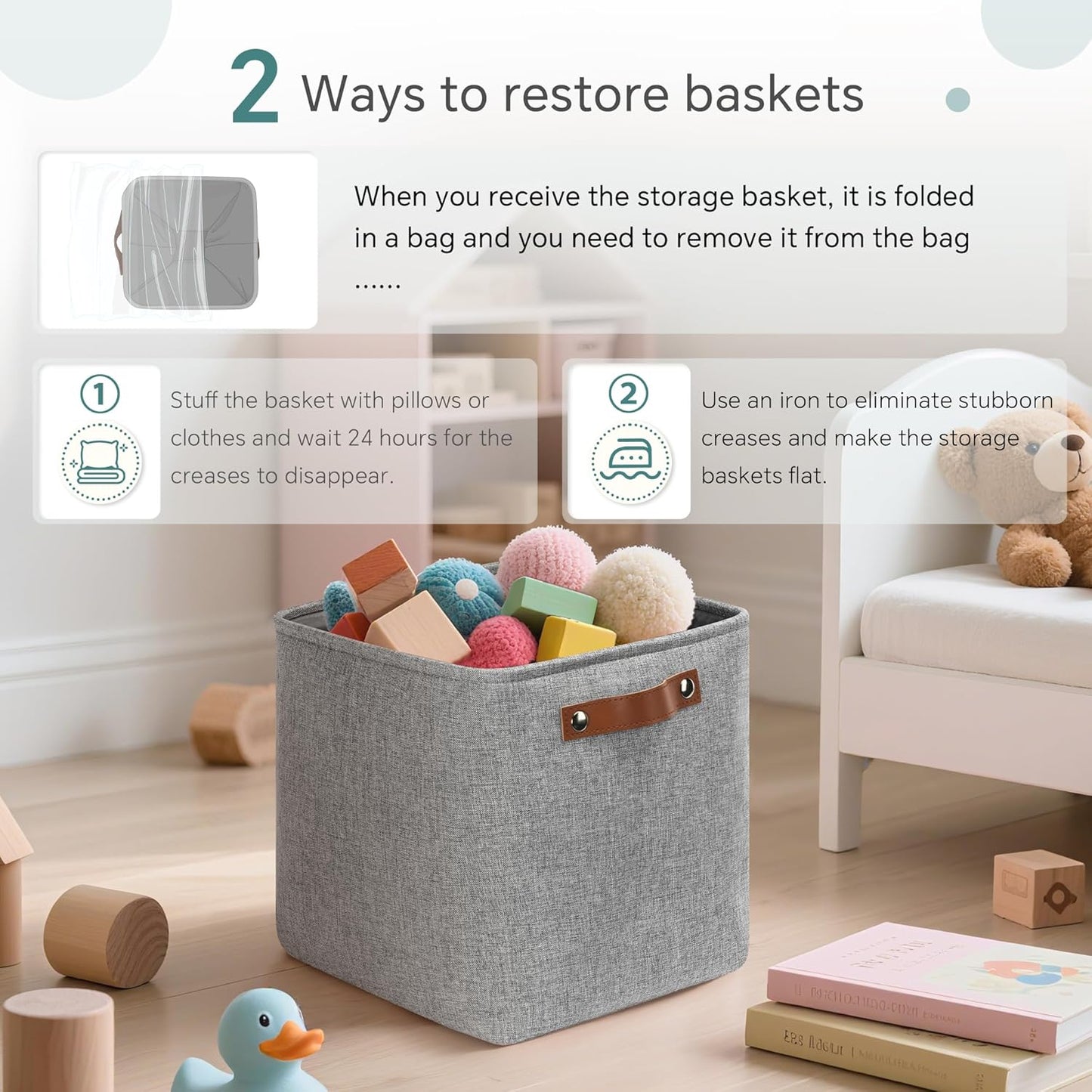 Cube Storage Baskets 6 Pack, 11x11 inch Foldable Cube Storage Bins with Leather Handles for Shelf Closet Nursery Toys (Gray)