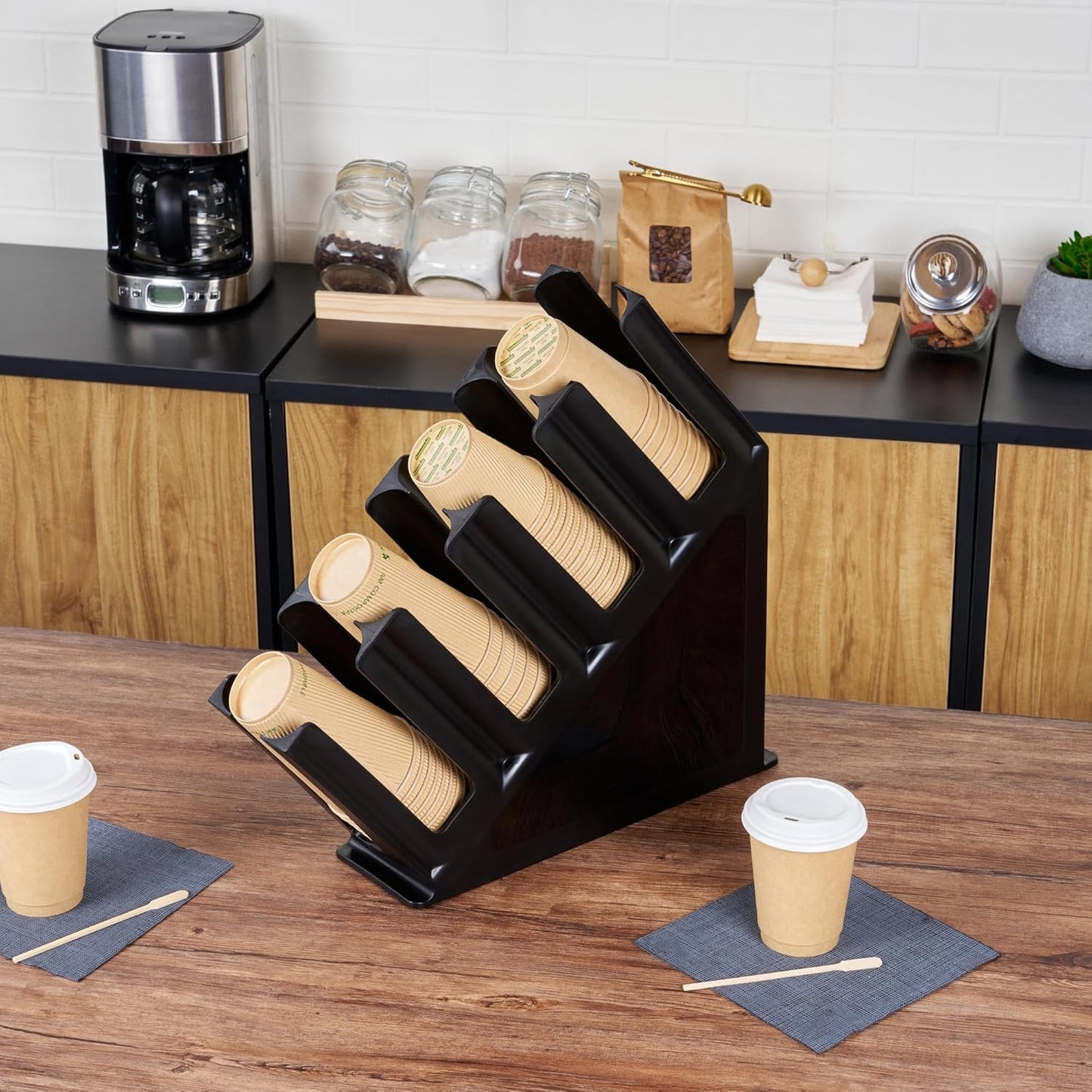 Restaurantware Restpresso Coffee Bar Organizer, 1 Count Durable 4 Compartments, Compact Size, Black Plastic Tabletop Coffee Supplies Organizer For Homes, Office Spaces, Breakrooms, and Lounges