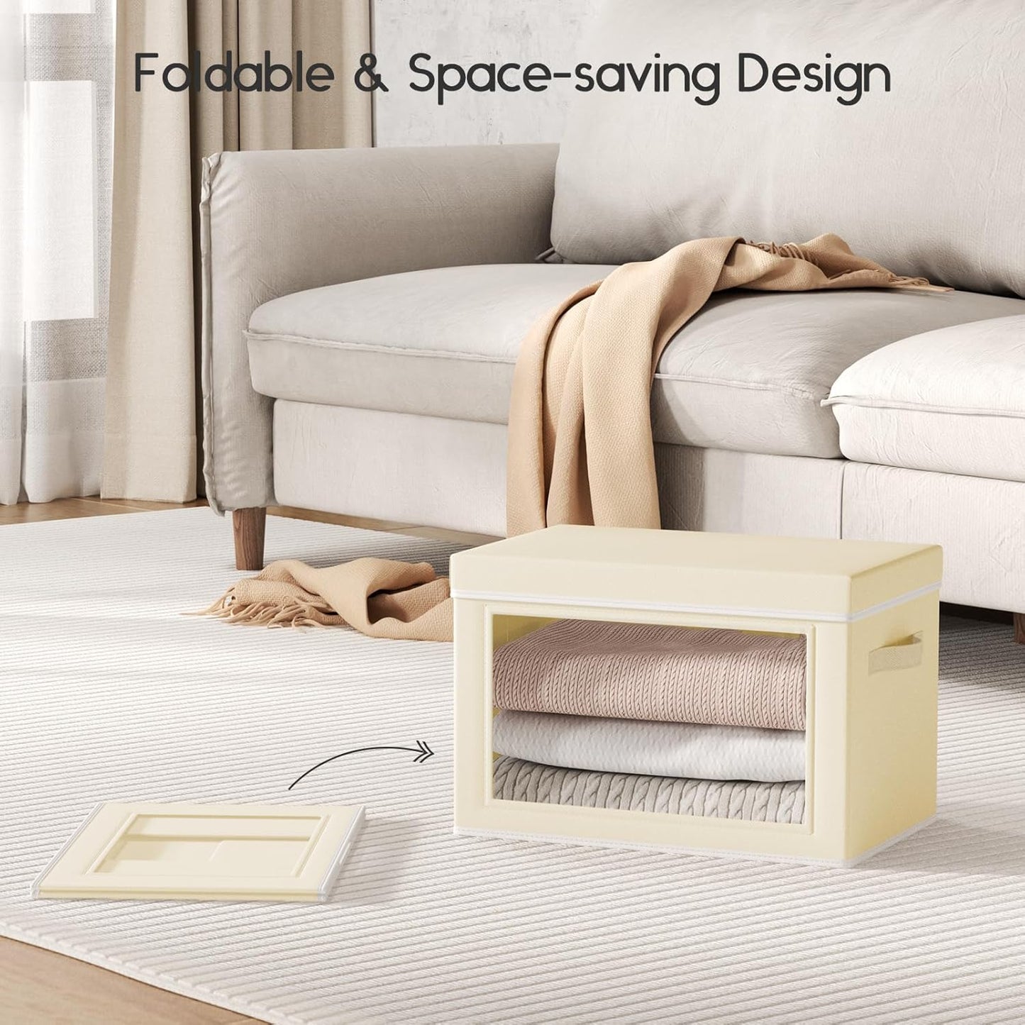 Collapsible Storage Bins with Lids - Stackable Storage Containers with Window, 1 Pack Fabric Organizing Bins for Closet, Home & Office Organization Baskets, Beige, 14.9" x 9.8" x 9.8"