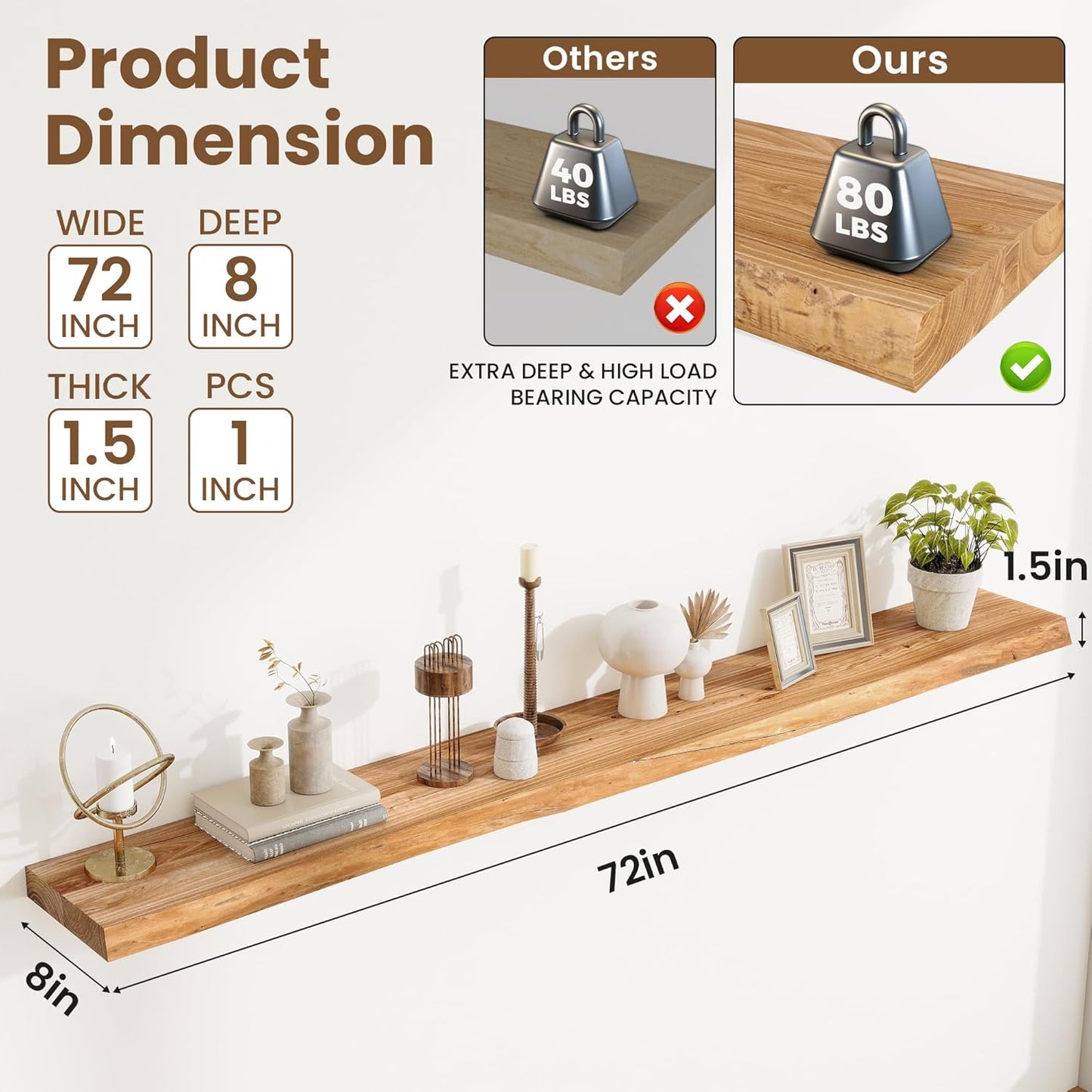 Floating Shelves, 8" Deep Rustic Solid Wood Wall Mounted Floating Shelves, Wall Shelves with Invisible Bracket for Living Room Bathroom Bedroom Kitchen, 72 Inch, Natural