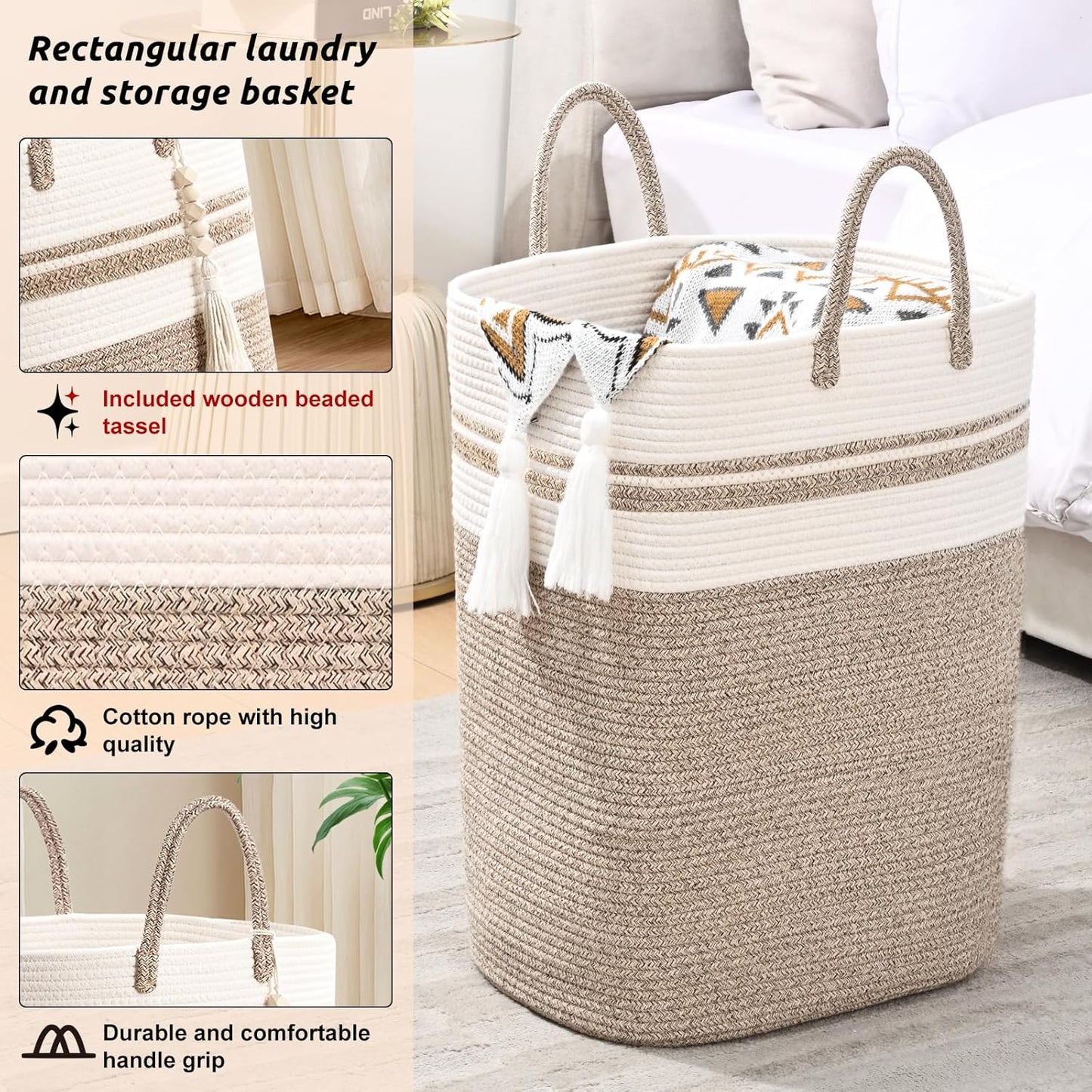 Woven Laundry Basket for Clothes, 80 L Large Rectangle Laundry Hampers with Beads Tassel, Nursery Storage Basket for Toys, Tall Dirty Clothes Hamper for Bedroom Aesthetic, Laundry Room Organization