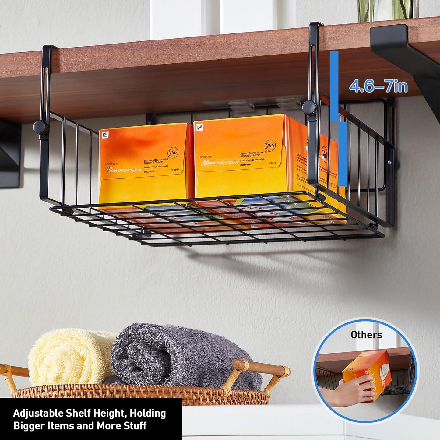 2 Pack Hanging Under Shelf Storage Basket,Adjustable Under Cabinet Add-on Storage Racks Slide-in Baskets Organizer for Laundry Room Kitchen Pantry Desk Bookshelf, Black