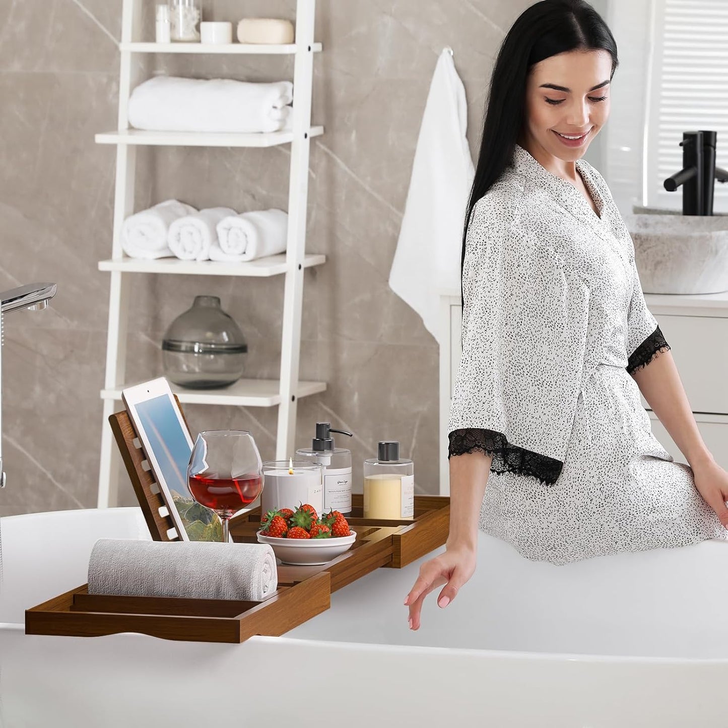 Wooden Bathtub Tray for Luxury Bathroom, Expandable Premium Teak Bath Tray, Adjustable Bath Accessories for Tub, as Unique Housewarming, Holiday, Birthday Gifts