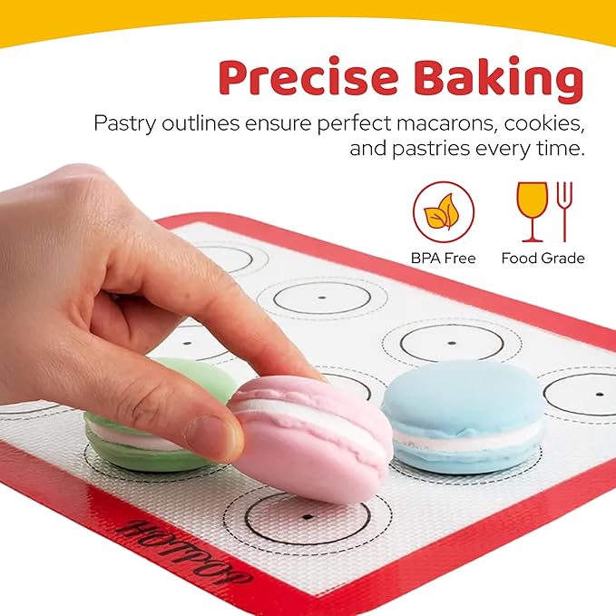 HOTPOP Silicone Baking Mats 0.75mm - Non-Stick Silicone Sheets for Bake Pans and Rolling with Outlines for Pastries - Silicone Baking Sheet - Macaron/Pastry/Cookie/Bun/Bread Making (3 QUARTER SIZE)