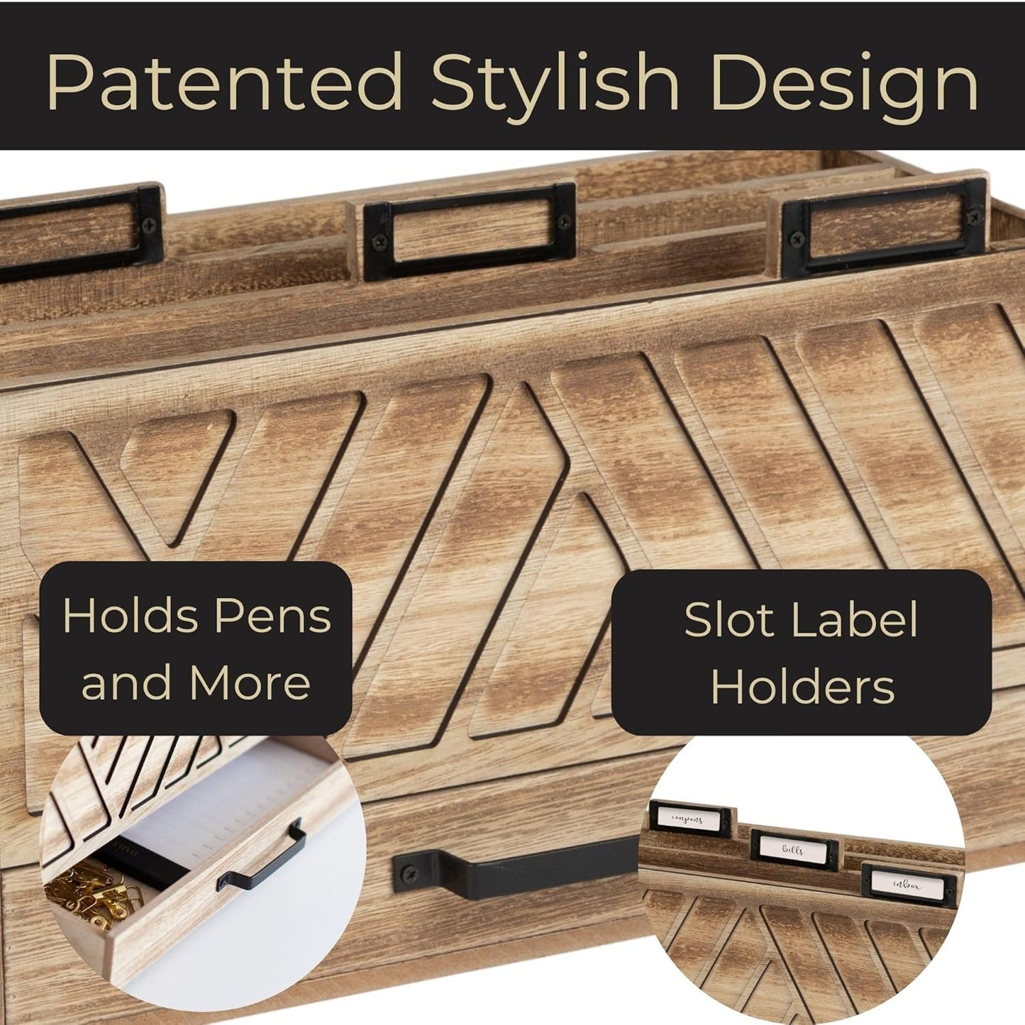 BLU MONACO Natural Wood Desktop Mail Organizer – Three-Tiered with Gold Label Holders and Drawer – Stylish Mail Holder and Countertop Document Storage for Home or Office