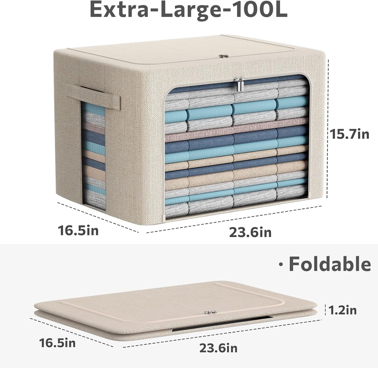 3Pack Foldable Storage Bins - Frame Storage Box Linen Fabric Stackable Clothes Container Organizer with Clear Window & Carry Handles Large Capacity (Extra Large-100L, Beige)