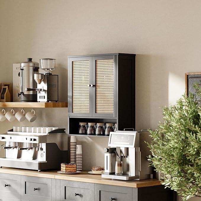 HITNET Wall Cabinet, Bamboo Medicine Cabinet with Rattan Doors and Adjustable Shelf, Bathroom Hanging Storage Organizer Over Toilet for Small Space (Black)