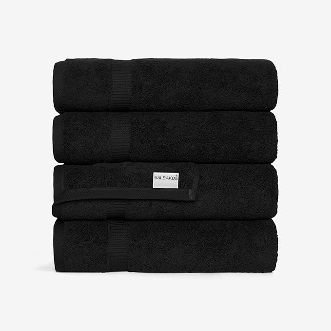 SALBAKOS 100% Turkish Cotton Bath Towel Set of 4 27x54 inch | Heirloom Quality | Hotel & Spa Collection | Ultra Soft, Super Absorbent, Long Lasting Bath Towels | Made in Turkey (Black, 4 Bath Towels)