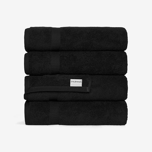 SALBAKOS 100% Turkish Cotton Bath Towel Set of 4 27x54 inch | Heirloom Quality | Hotel & Spa Collection | Ultra Soft, Super Absorbent, Long Lasting Bath Towels | Made in Turkey (Black, 4 Bath Towels)