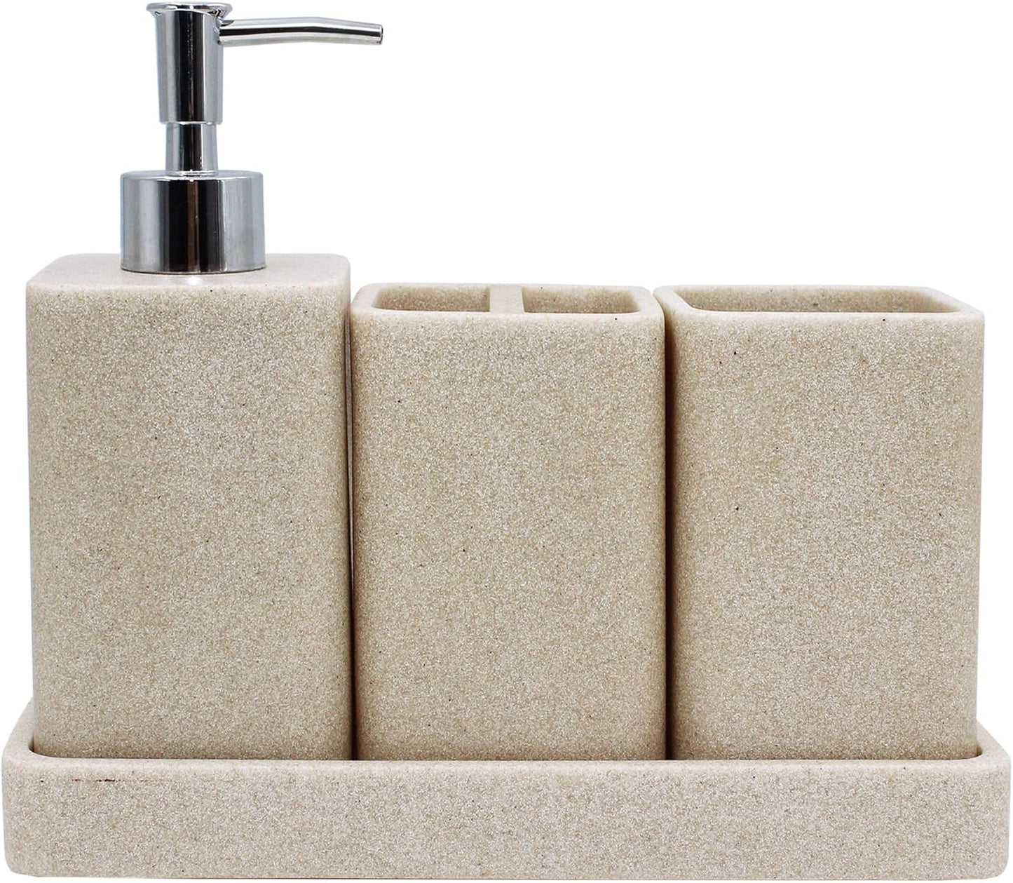 Bathroom Accessories Set, 4 Pcs Bathroom Accessory Set, Soap Dispenser, Toothbrush Holder, Qtip Holder Set, Bathroom Sets Complete, Bathroom Sink Set for Modern Home, Beige