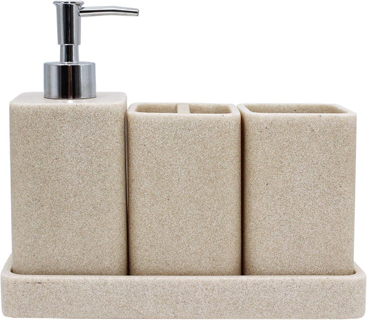 Bathroom Accessories Set, 4 Pcs Bathroom Accessory Set, Soap Dispenser, Toothbrush Holder, Qtip Holder Set, Bathroom Sets Complete, Bathroom Sink Set for Modern Home, Beige