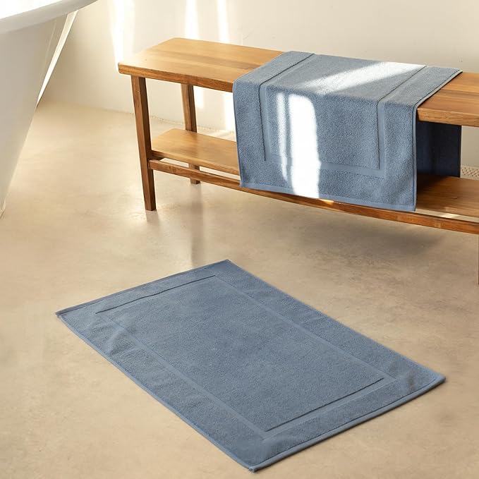 SALBAKOS 100% Turkish Cotton Bath Mat Set 2-Piece - 20x34 inch, Premium Quality Hotel & Spa Collection, Soft, Absorbent, Long Lasting, Durable Bathroom Rugs | Made in Turkey (Blue, 2 Bath Mats)