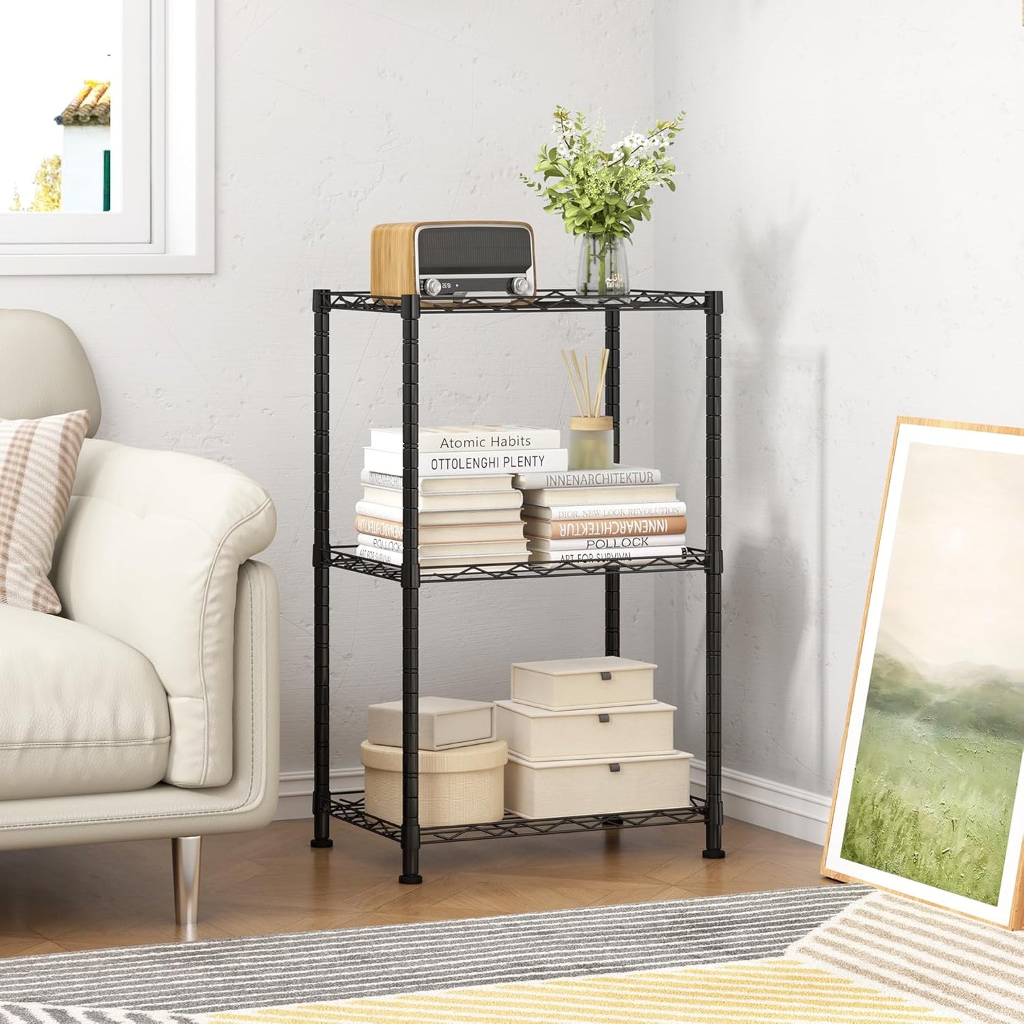 HOMEFORT Storage Shelves, 3-Wire Shelving, Metal Shelving Unit Adjustable Storage Shelves Rack for Kitchen, Pantry, Bathroom, Black, 15.7" W x 11.6" D x 30" H