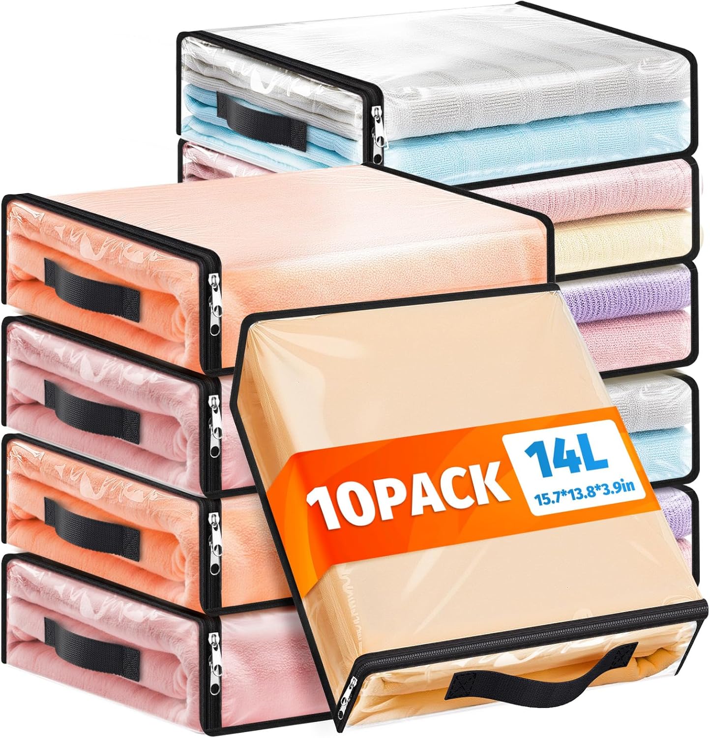 SpaceWhisper 10 Pack Clear Storage Bags, Plastic Blanket Storage Bags with Zipper and Handle, Moving Bags for Comforter, Bedding & Clothes, Closet Organizer and Under Bed Storage (15.7x13.8x3.9 Inch)