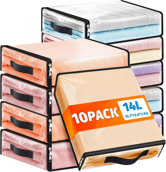 SpaceWhisper 10 Pack Clear Storage Bags, Plastic Blanket Storage Bags with Zipper and Handle, Moving Bags for Comforter, Bedding & Clothes, Closet Organizer and Under Bed Storage (15.7x13.8x3.9 Inch)