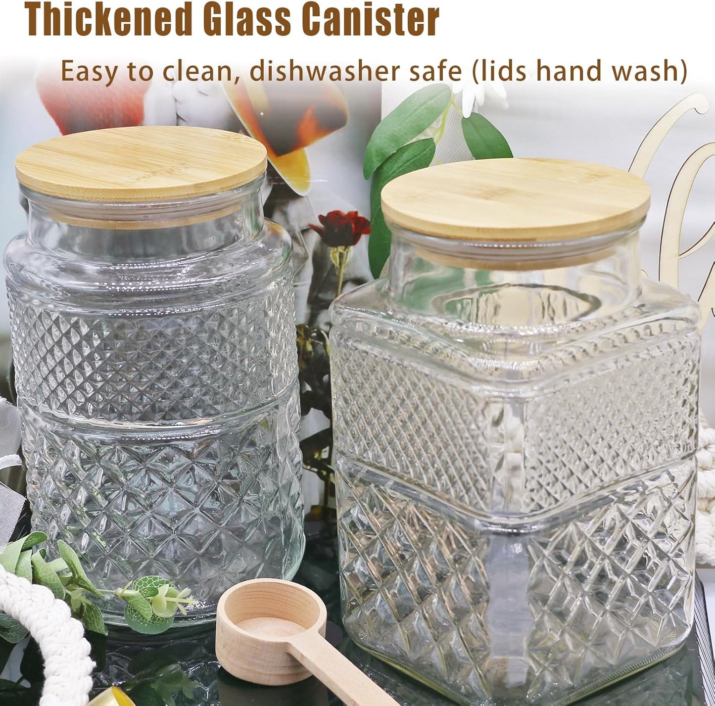 60 OZ Vintage Glass Jar with Lid Wood Spoon Set of 2 Decorative Glass Storage Jars Airtight Lids Clear Canister Container for Food Candy Cookie Sugar Coffee Bean Tea Nuts Snack Dog Treat Vase