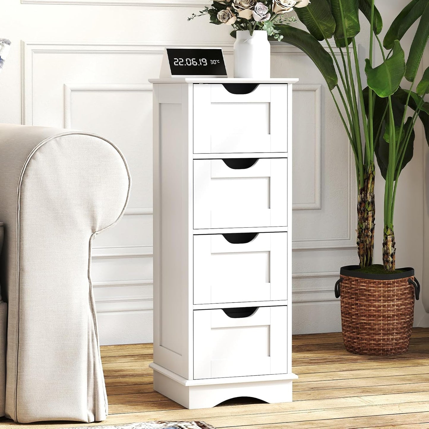 LOKO Bathroom Storage Cabinet with 4 Drawers, Narrow Floor Standing Cabinet with Cut-Out Handles, Anti-toppling Device, Home Storage Organizer Unit for Laundry Room, Living Room, Entryway (White)