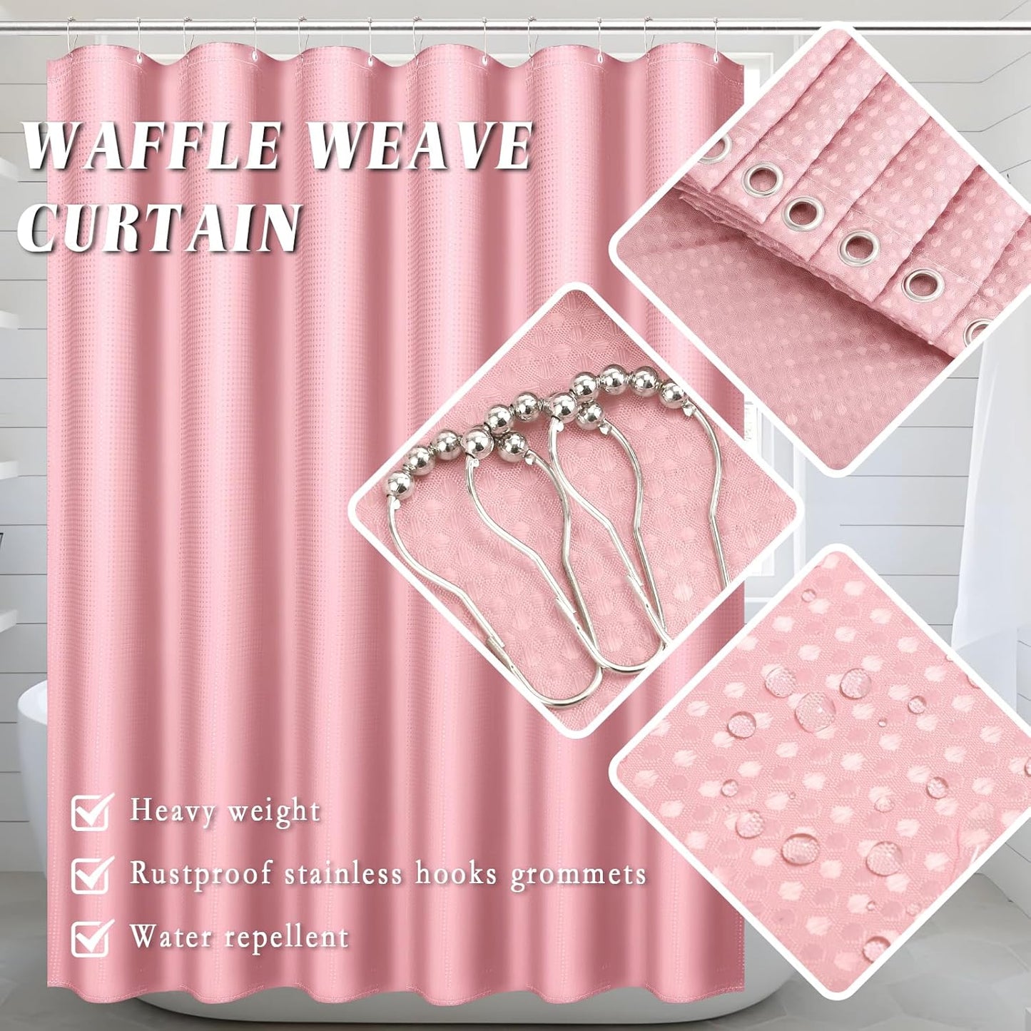 Bathroom Set with Shower Curtain and Rugs- 25PC Pink Bathroom Accessories, Shower Curtain Set, Toilet Brush, Trash Can, Qtip Holder Dispenser & Soap Dispenser