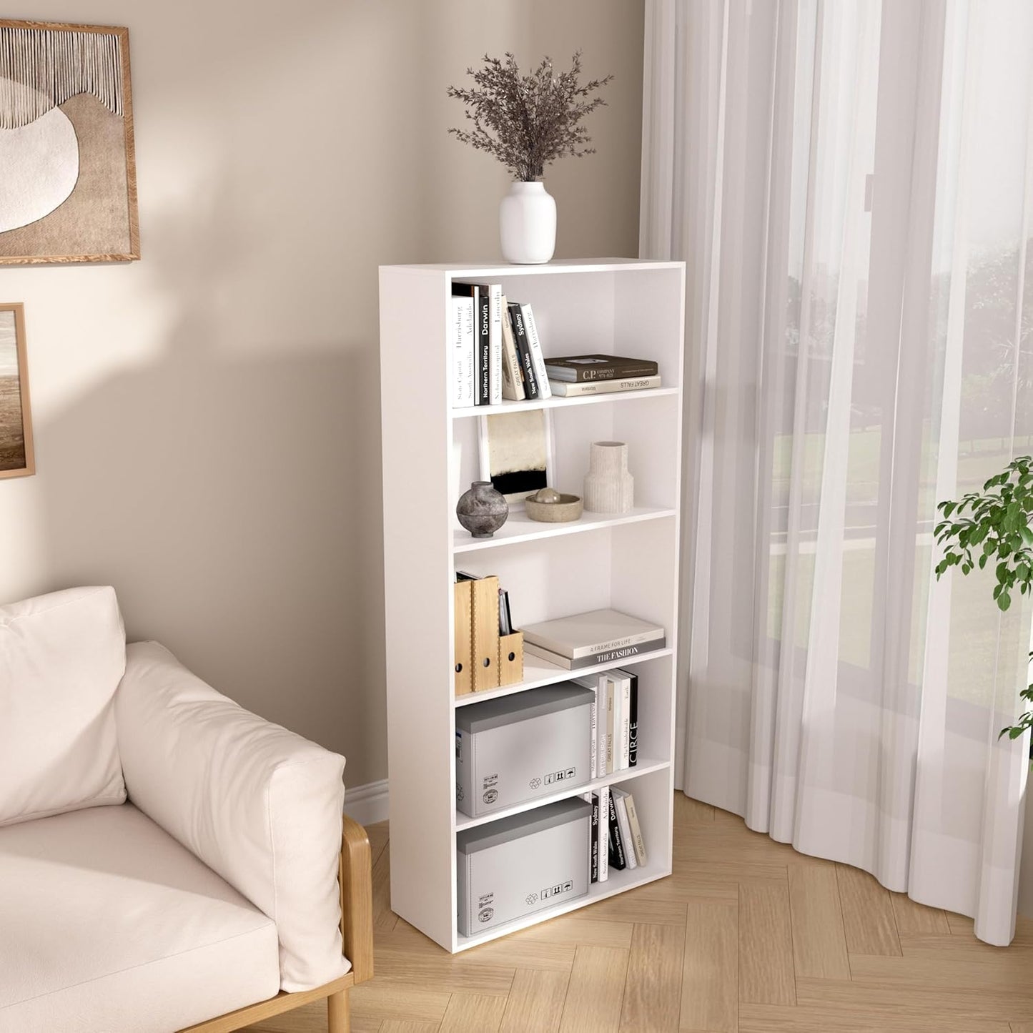 Wooden 5 Cube Storage Organizer,5 Tier Low Bookcase Storage Display Organizer, 54 Inch Versatile Cubes Shelf and Cubby Unit for Any Space (White, 5 Cube-W(23.6inch)