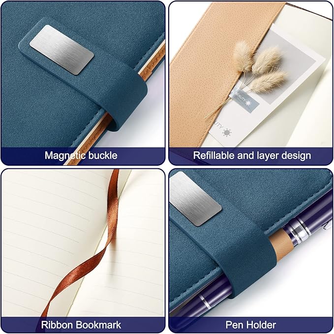 A5 Lined Leather Notebook and Pen Set with Gift Box, 240 Pages Refillable Journal with Pocket and Magnetic Buckle, Hardcover Daily Diary for Men and Women Business Travel Personal Writing- Blue