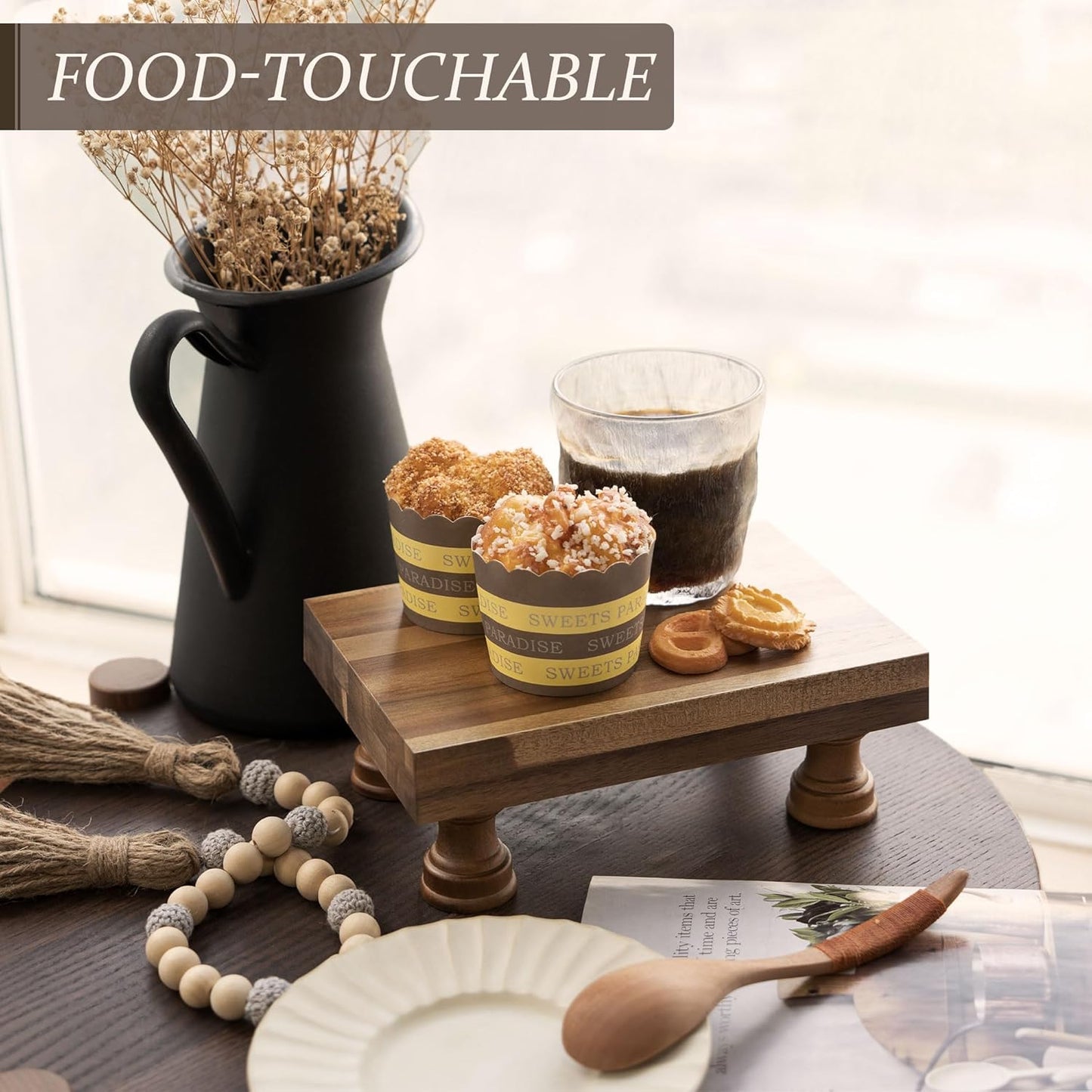 EOSAHR Farmhouse Wooden Riser for Display : Decorative Pedestal Stand for Kitchen Decor and Perfume Tray for Bathroom Counter Organizer - The Home Decor for Apartment Essentials (Acacia Wood)