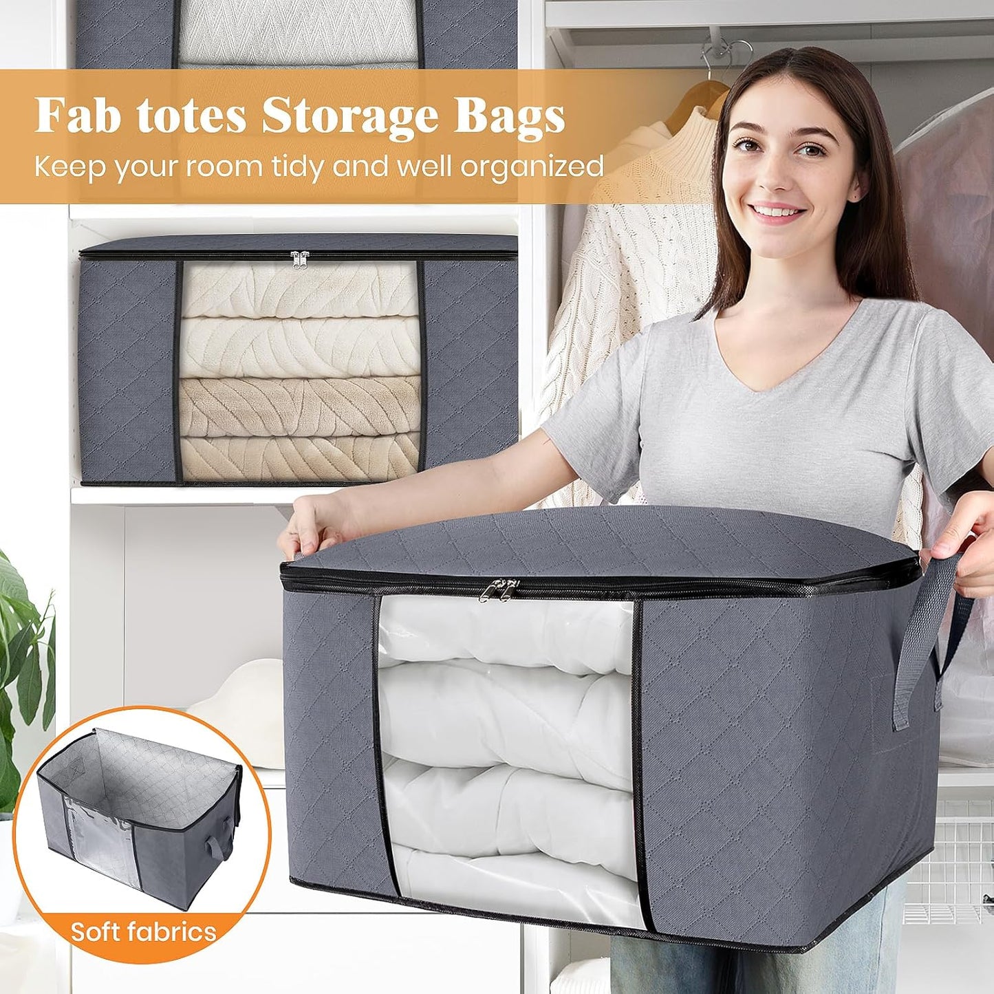Fab totes Storage Bags,Clothes Blanket Storage Bins Foldable Closet Organizers with Reinforced Handle for Home Dorm Storage and Organization,Fabric Bags for Organizing Sheets,Clothing (Grey,4 Pack)