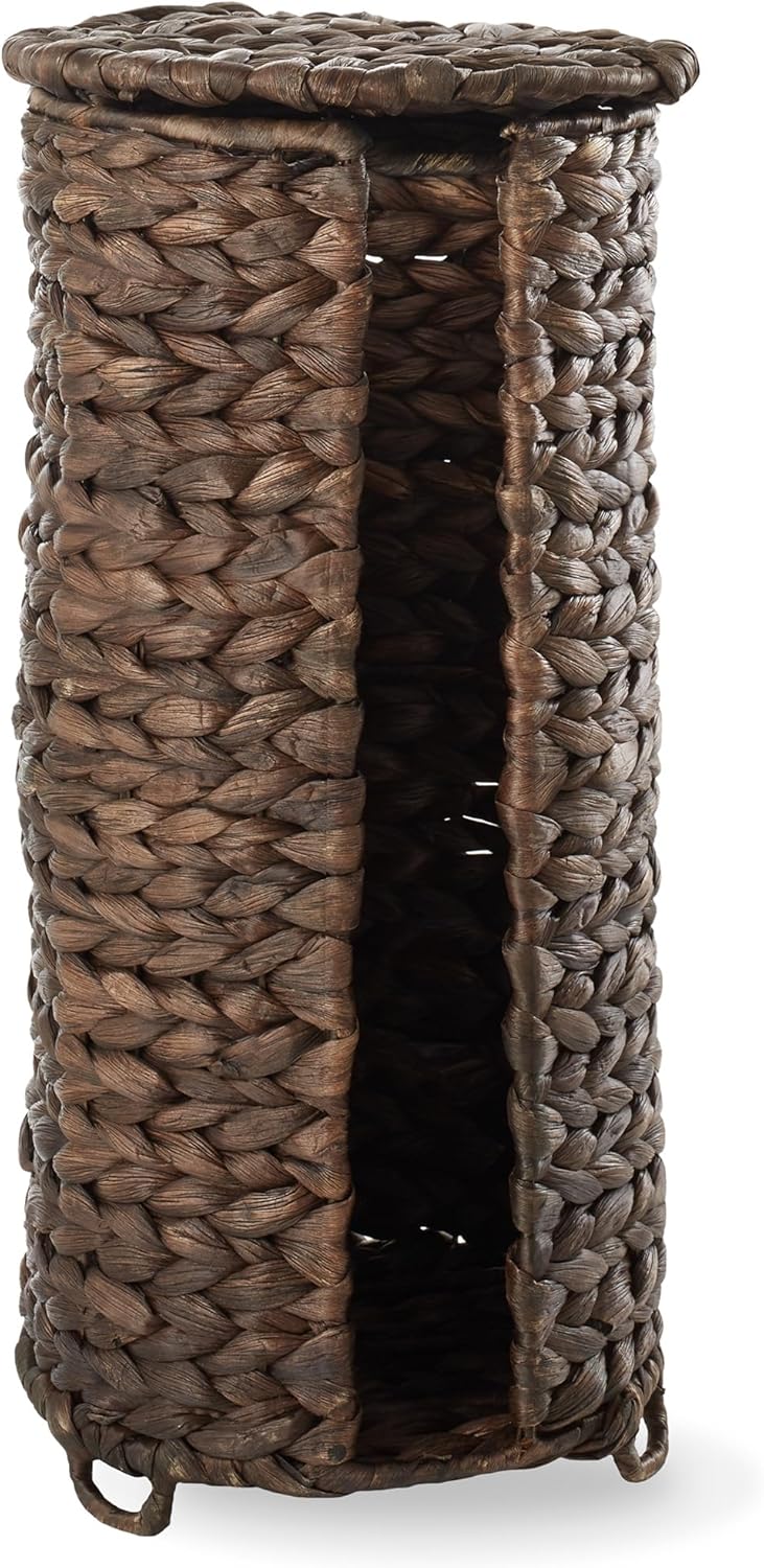 Casafield Free Standing Toilet Paper Storage Roll Holder with Lid - Espresso, Fits 3 Rolls, Water Hyacinth Bath Tissue Organizer for Bathroom