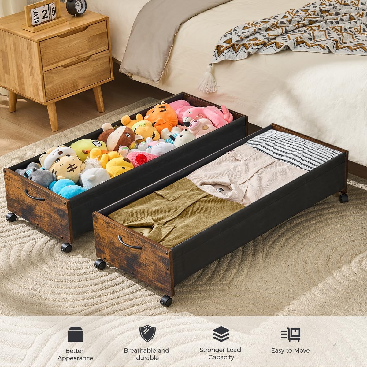 Under Bed Storage with Wheels, XXXXL Larger Under Bed Drawers On Wheels, Wooden Under Bed Shoe Organizer, Storage for Shoes Clothes