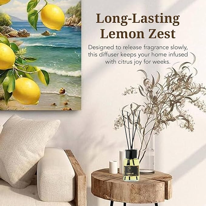 Reed Diffuser Set with Sticks for Home – Bathroom, Bedroom & Office Aromatherapy – Long Lasting Scented Oil Diffuser with Sticks – Luxury Room Fragrance Diffuser 55ml,1.7 fl oz (Lemon)