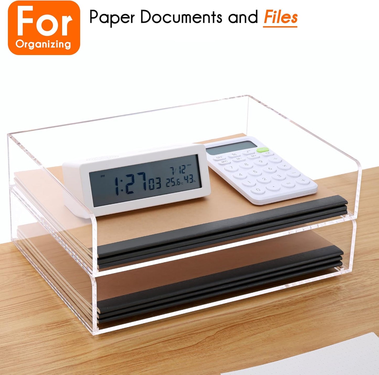 Paper Organizer, 2 Tier Stackable A4 Size Acrylic Letter Tray, Office/Home/School Organization - Clear