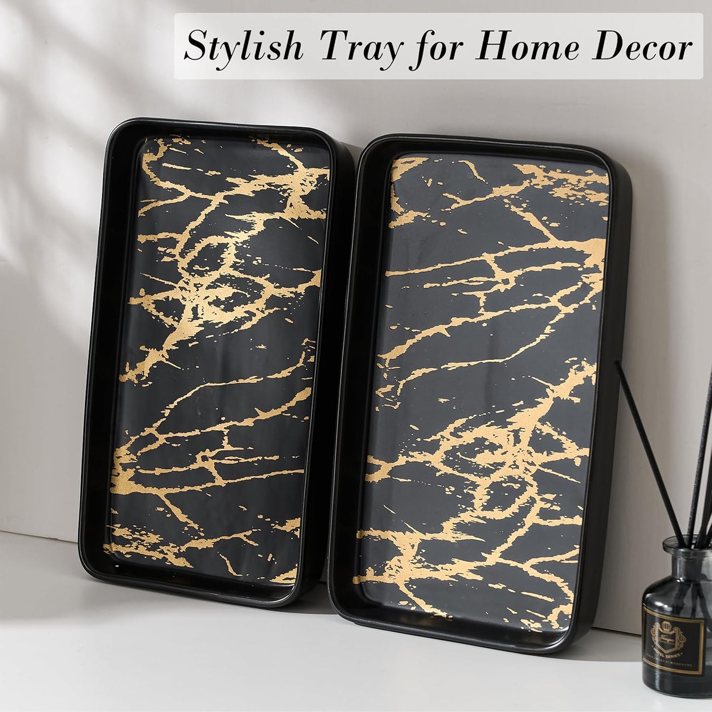 Bathroom Vanity Tray for Countertop,2PC Rectangle Marble Tray Set,Decorative Bathroom Organizer for Scrubber, Lotion Bottles, Perfume, Jewelry, Candle, Key Trinket Ring（Large,Black）