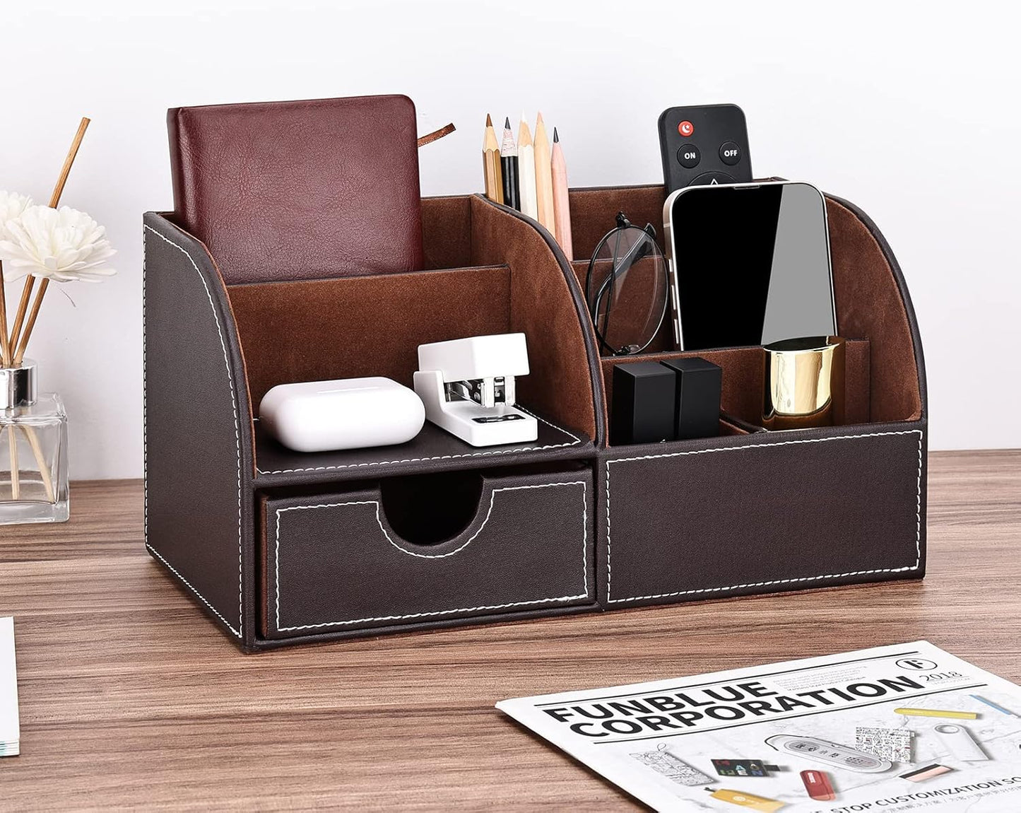 KINGFOM Pu Leather Desk Organizer Pen Pencil Holder Office Supplies Caddy Storage Box 6 Compartments with Drawer Brown