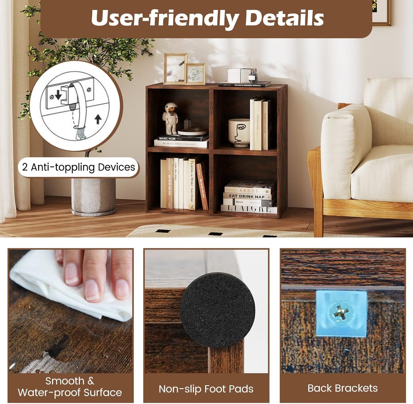 Stackable Cube Bookshelf, Modular Cubby Storage Organizer, Small Bookcase for Small Spaces, Combination Cubical Shelf, Wooden Display Shelving Unit (Rustic Brown, 4-Cube)