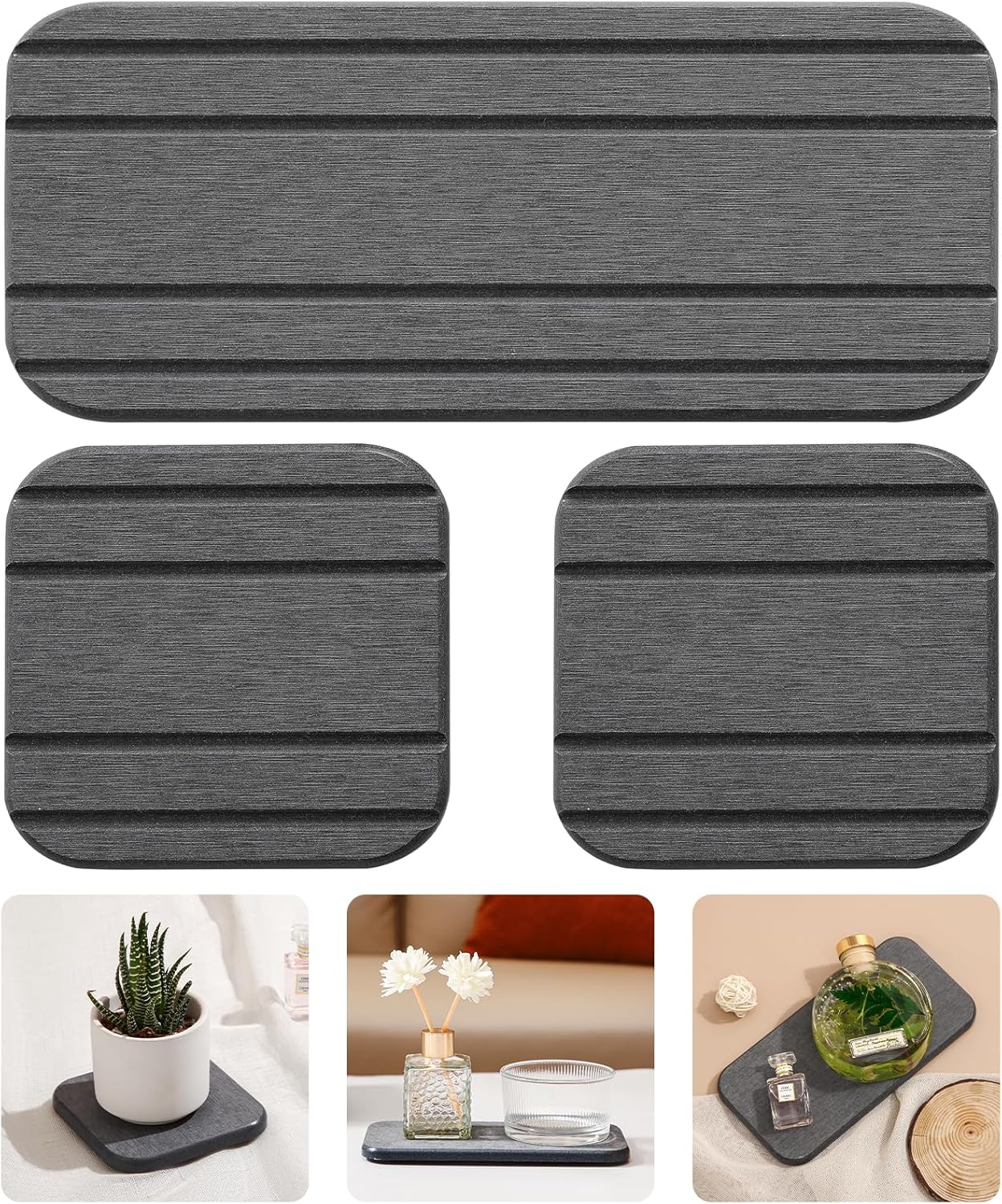 3PCS Water Absorbing Diatomaceous Earth Tray for Sink, Fast Drying Soap & Toothbrush Holders for Bathroom Counter, 1 Stone Tray, 2 Stone Coasters