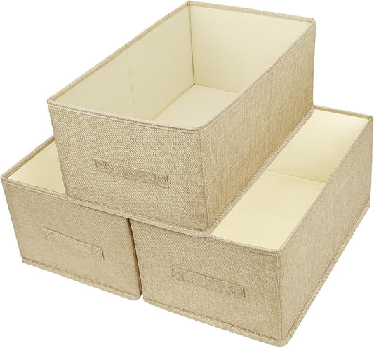 Open Storage Bins with Handle BOPEY Clothes Organizer Container Linen Fabric Foldable Basket for Home Closet Shelves Nursery Toys Books Beige Large 3-pack (BP006)