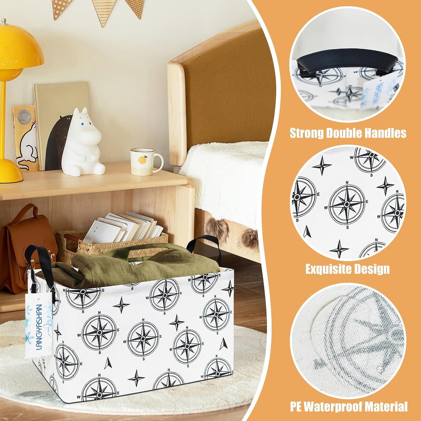 LANGYASHAN Rectangular Storage Bin Collapse Canvas Fabric Cartoon Storage Basket with Handles for Organizing Home Kitchen Boys and Girls Toys Office Closet Shelf Baskets (Rec Black Compass)