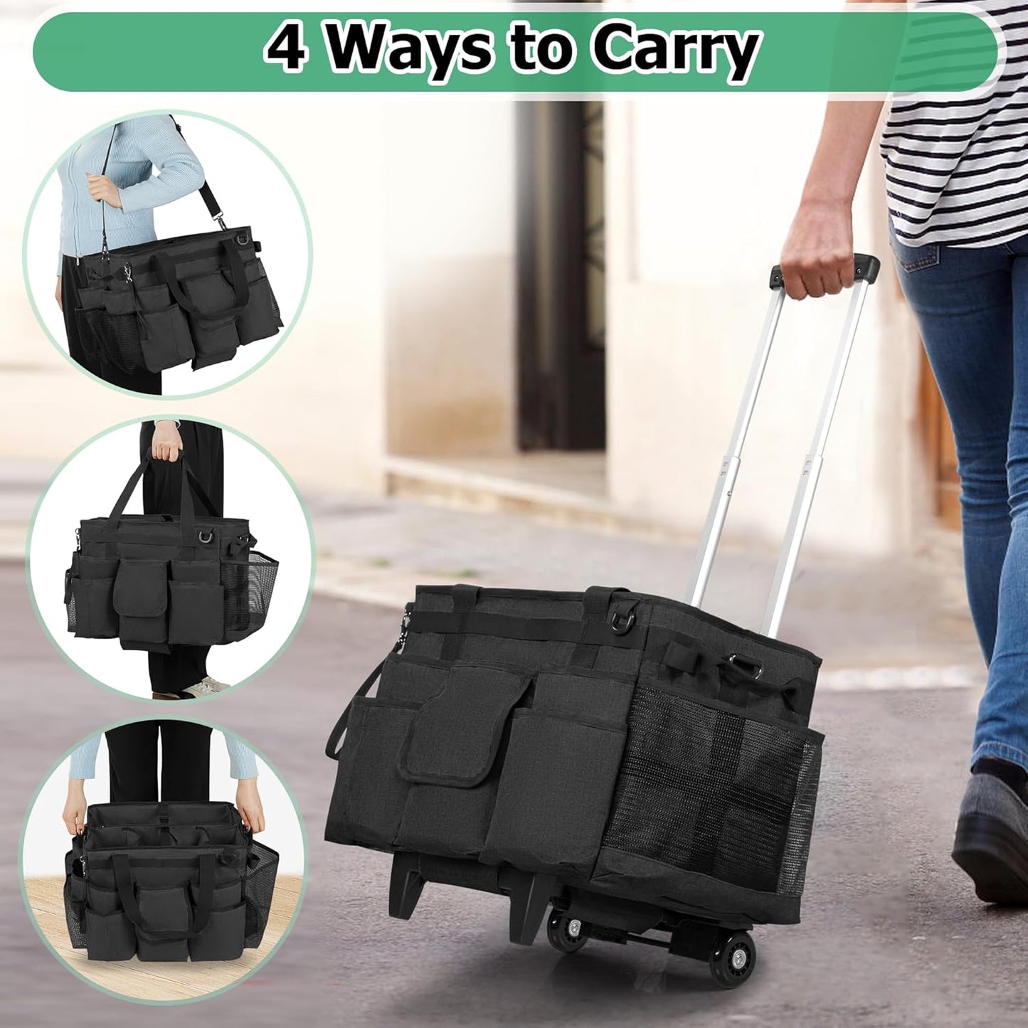 LoDrid Rolling Cleaning Bag with Detachable Trolley, Portable Cleaning Cart on Wheels for Supplies, Professional Caddy with Shoulder Strap for Housekeepers, Black (Patent Design)