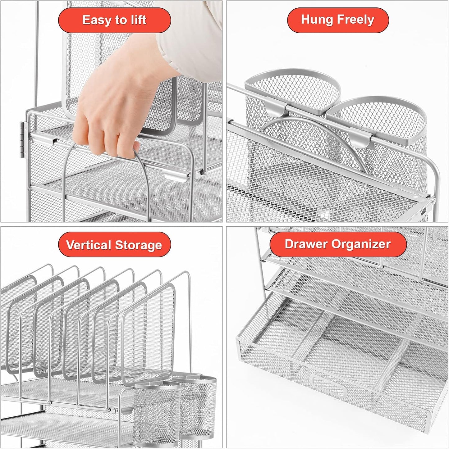 Marbrasse Desk Organizers, 4-Tier Mesh Desk File Organizer with 5 Vertical File Holders and 2 Pen Holders, Multifunction Desktop Organizer,Desk Organizers and Accessories for Home Office (Silver)