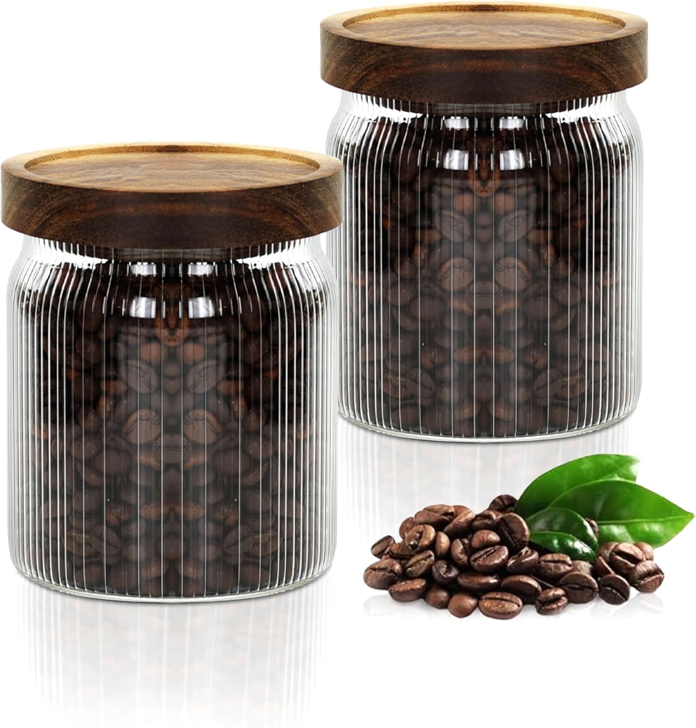 Ribbed Glass Storage Jars Set of 2 – Airtight Food Canisters with Wooden Lids, Stackable Kitchen Organizers for Coffee, Tea, Spices & Dry Goods (8.5oz)