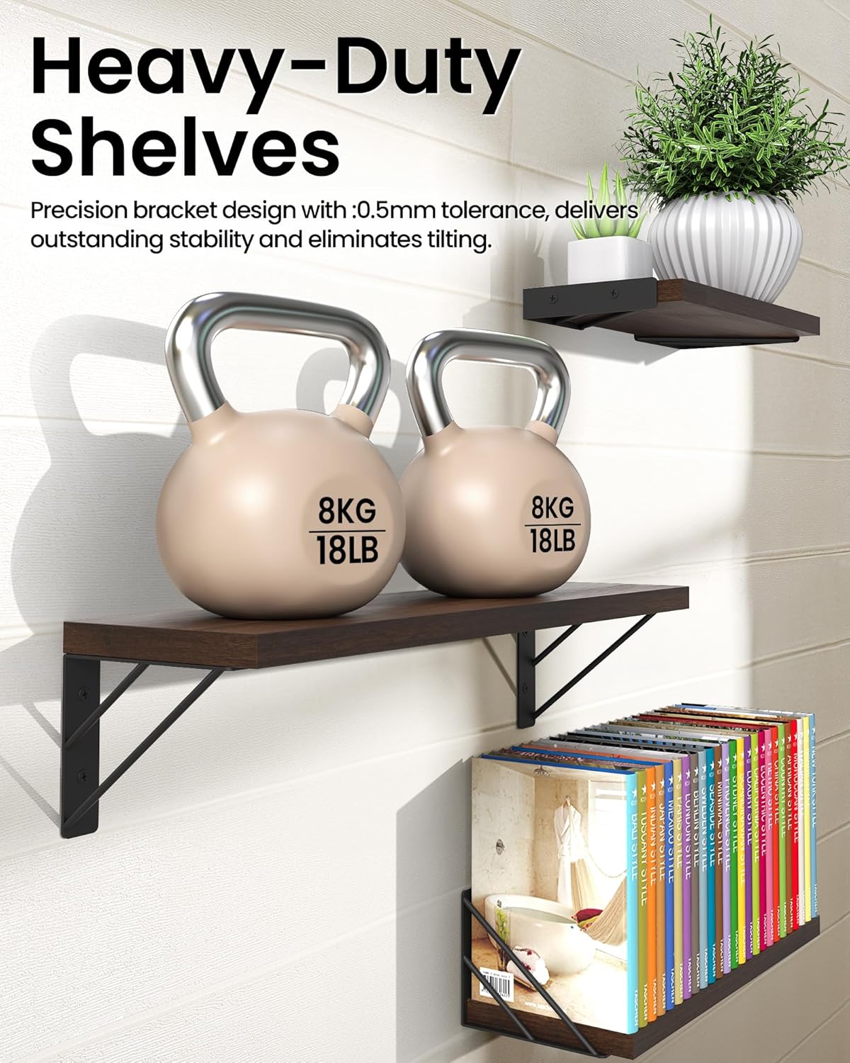 BAYKA Floating Shelves for Wall, Book Shelf for Bedroom, Wall Decor Shelves for Living Room Kitchen, Wood Floating Shelf for Home Decor, Corner Shelf for Bathroom, Office(Walnut-Toned,Set of 3)