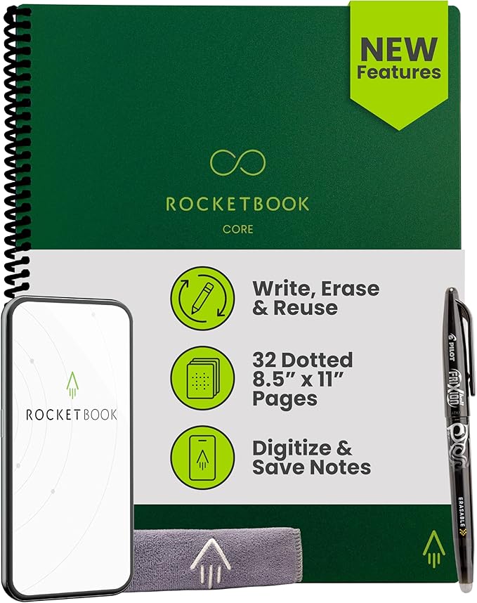 Rocketbook New Core Reusable Spiral Notebook, Letter Size 8.5x11, Green - Dotted Pages, App-Connected, Erasable, Durable Cover, Ideal for School, Work, and Creative Projects